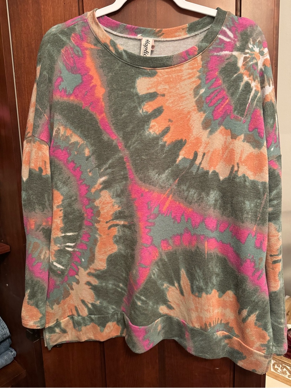 Haptics Relaxed Tie-Dye Crewneck Sweater in Gray, Pink & Orange
